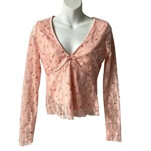 Thirty Thirty Y2K Babydoll Blouse Top Medium Guava Pink Floral Lace Coquette NWT